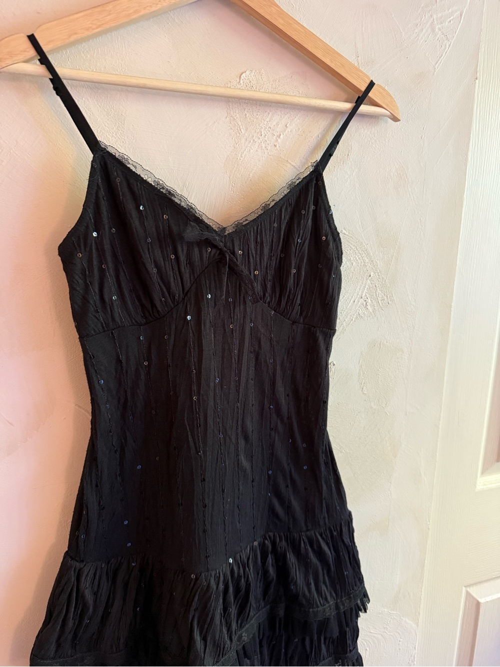 ICHI | Y2K Black Sequin Slip Dress | Size S | Tiered Ruffle Mesh Hem - Picture 3 of 11